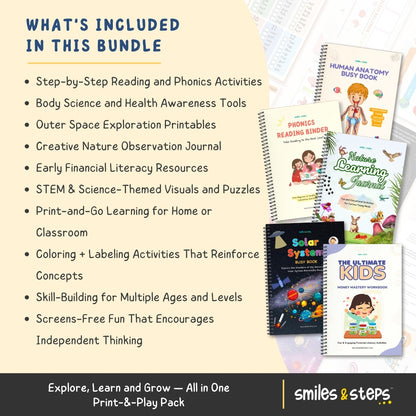 The Fun & Educational Learning Adventure Bundle – Includes 5 Expert Workbooks for STEM, Phonics, Space, Nature & Life Skills